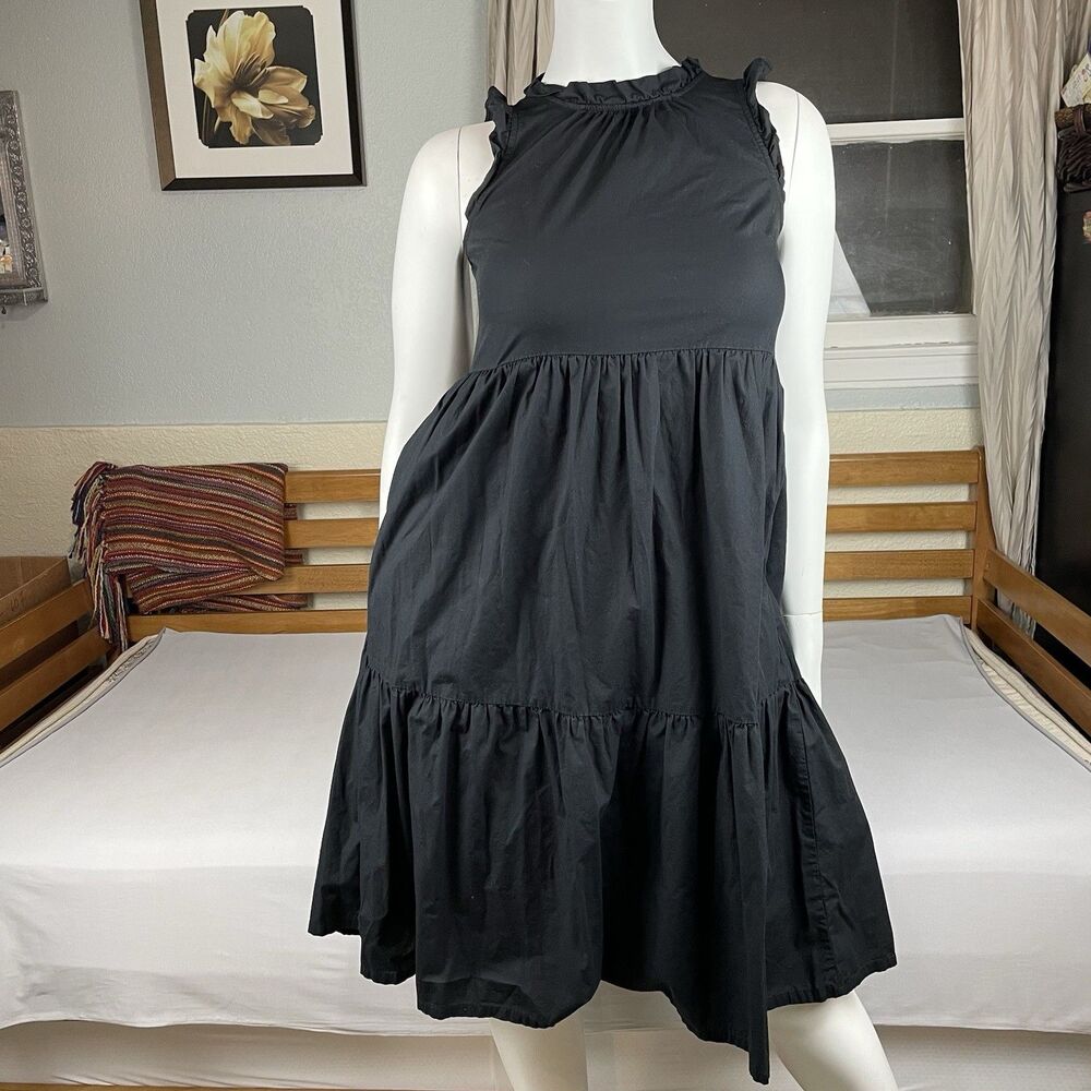 J.Crew Tiered Ruffled Cotton Midi Dress Women’s 4 Black A-line Classic Preppy